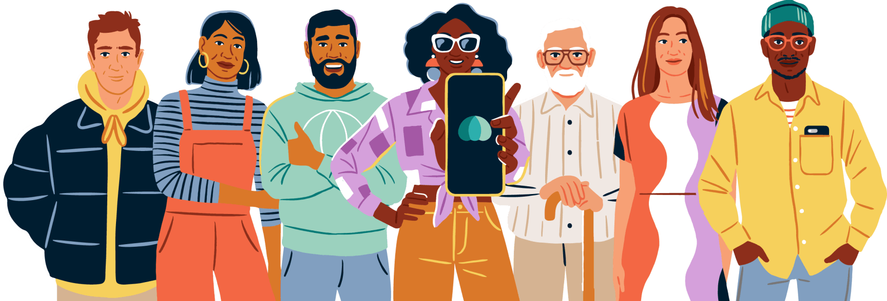 Illustration of a group of people with the woman standing center holding a phone displaying the Parachute logo.