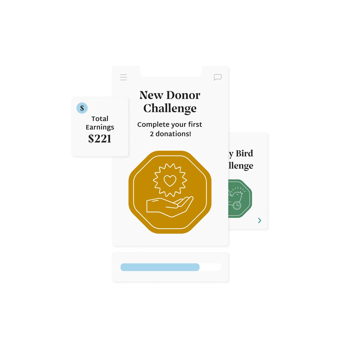 Screenshots of badges for new donor challenges and total earnings