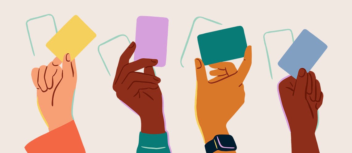 Illustration of 4 hands holding credit/debit cards.