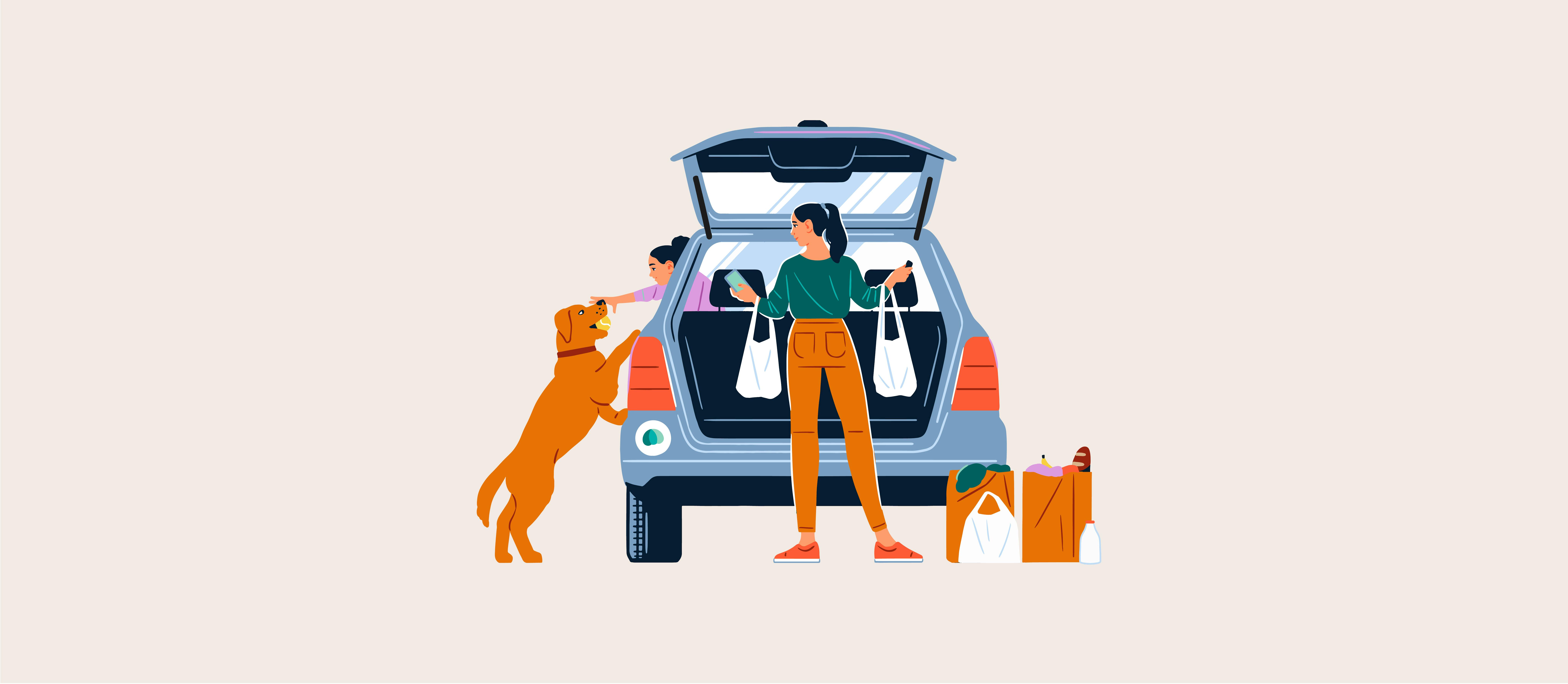 Illustration of woman unloading groceries from a car with a young girl and dog nearby. 