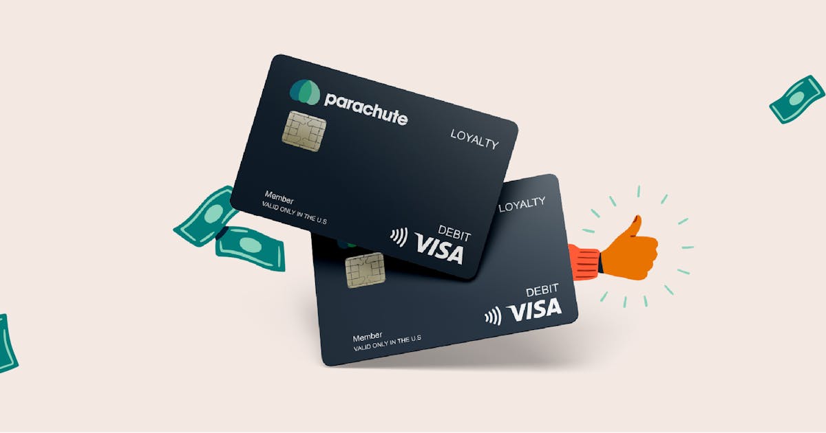 Image of two overlapping Parachute pay cards with a thumbs up + floating money illustrations