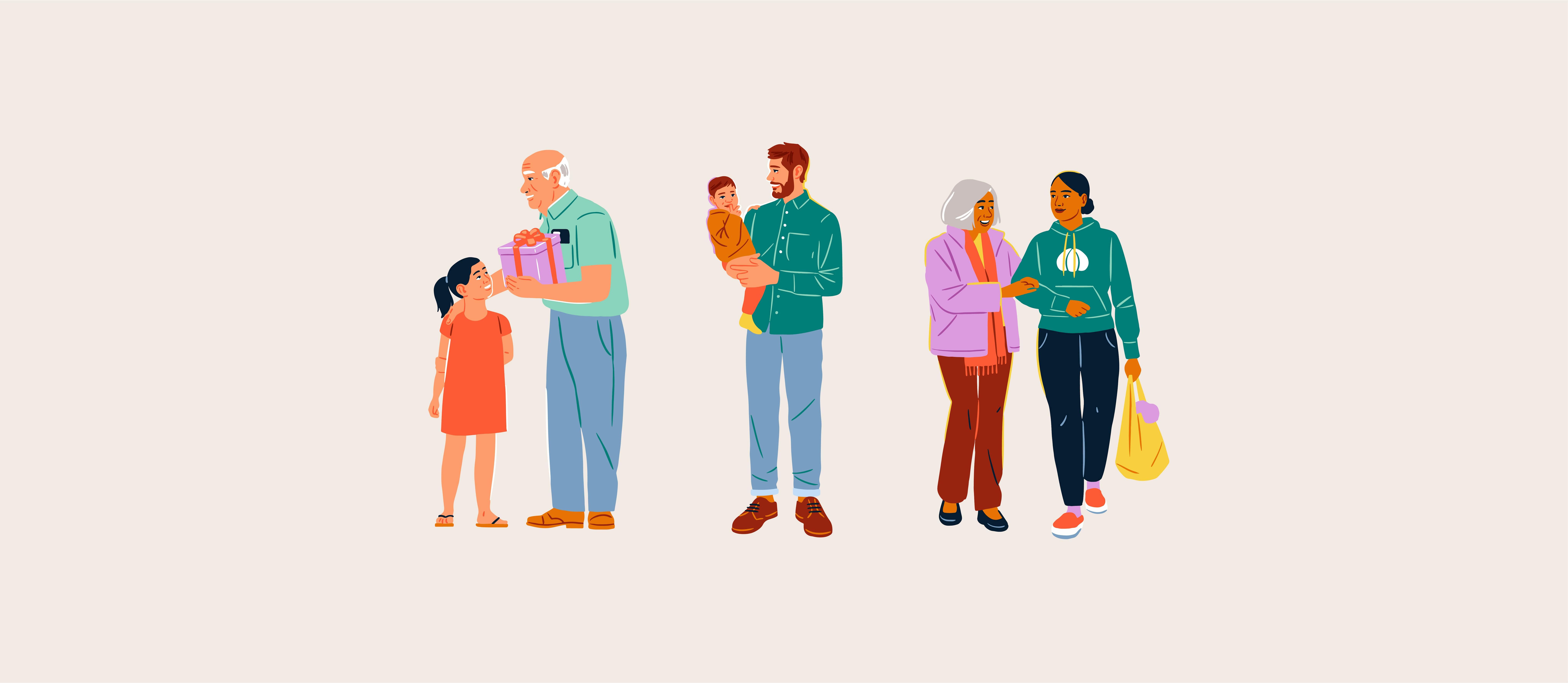 Illustration of a group of 6 people of different ages.