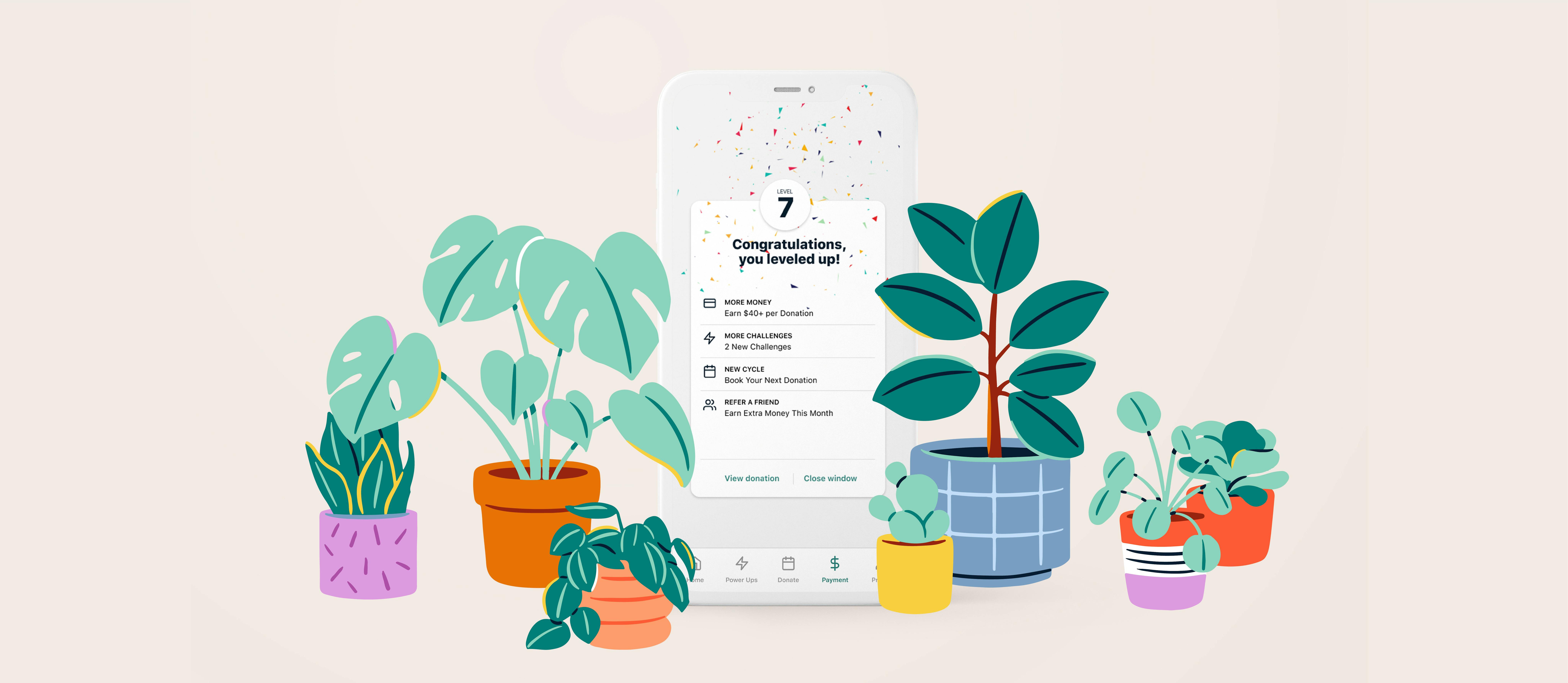 Image of smartphone showing the Parachute app surrounding by illustrations of potted plants.