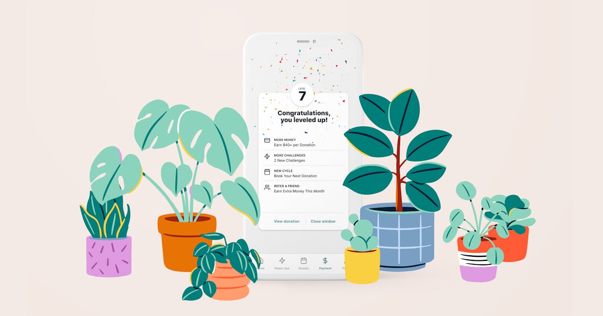 Image of smartphone showing the Parachute app surrounding by illustrations of potted plants.