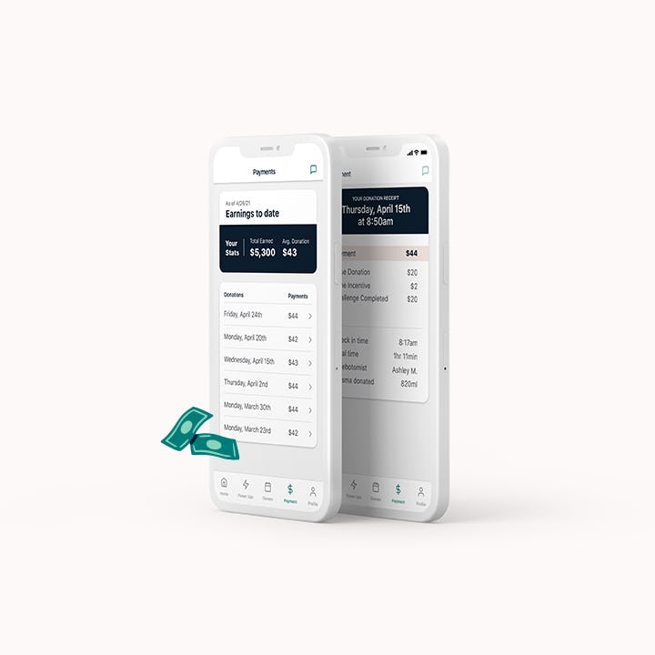 Screenshots of Parachute app overall earnings screen and visit details screen.