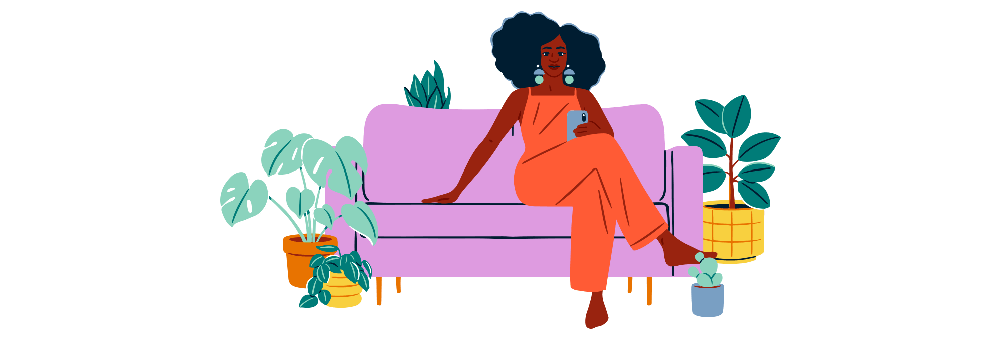 Illustration of a woman sitting on a couch checking her phone.