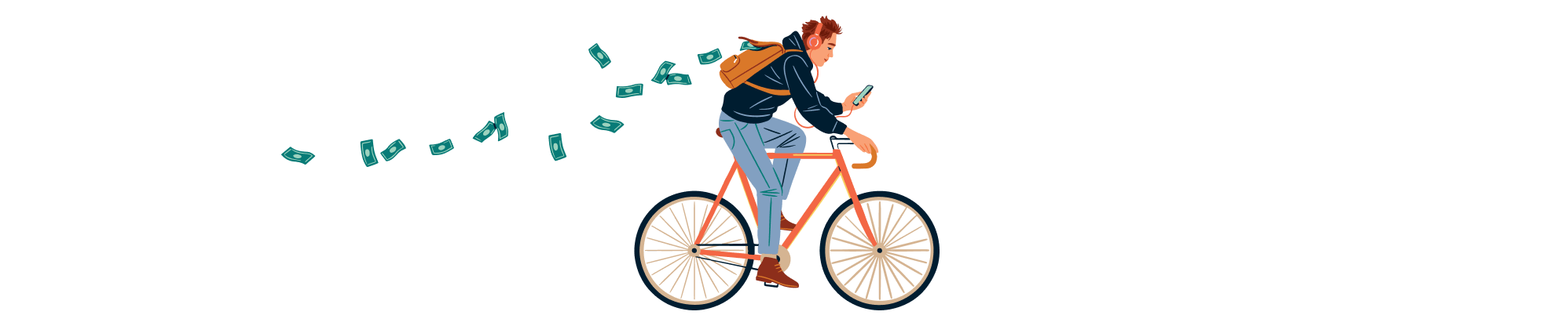 Illustration of man riding a bicycle while reading his phone while money flies out of his backpack.