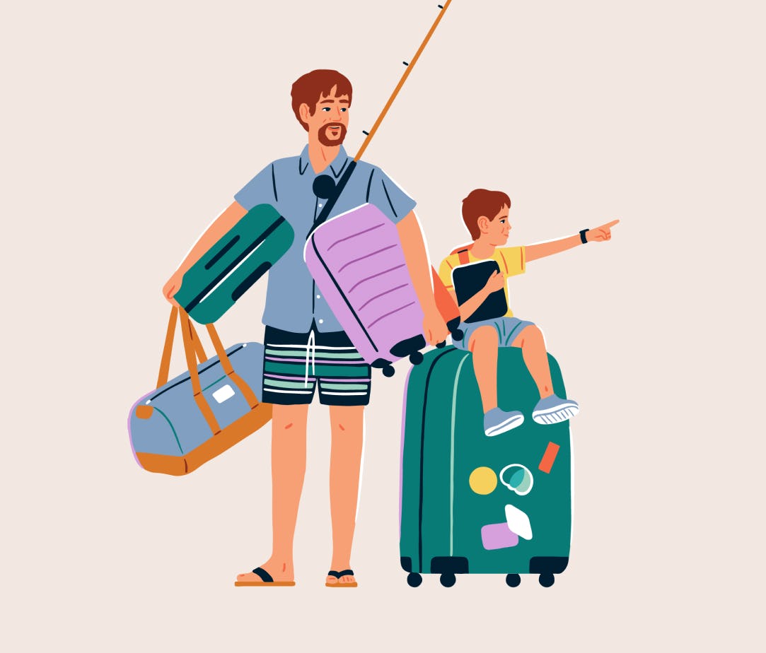 Illustration of father and son with luggage.
