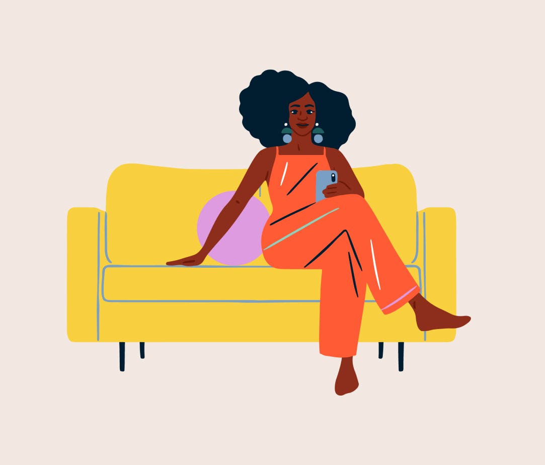 Illustration of woman sitting on couch with phone.