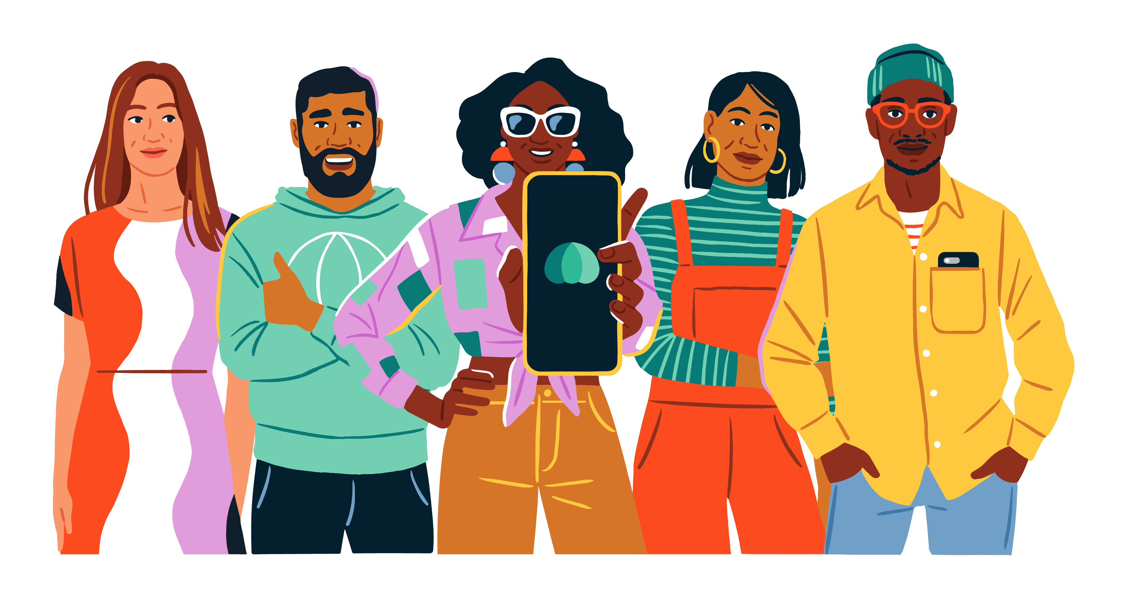 Illustration of a group of people, one holding a smartphone showing the Parachute logo