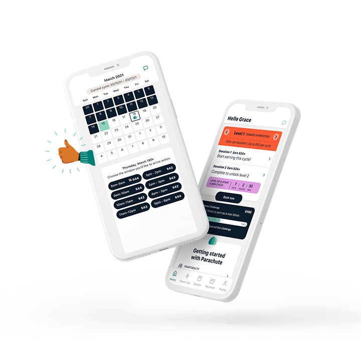 Screenshot of Parachute app calendar screen showing available appointments and a screenshot of Parachute app Home Screen.