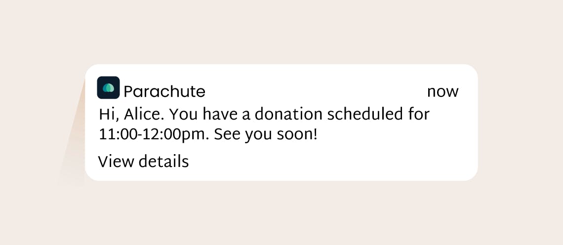 Image of an appointment reminder notification from the Parachute app.