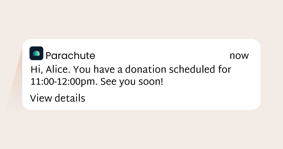 Image of an appointment reminder notification from the Parachute app.