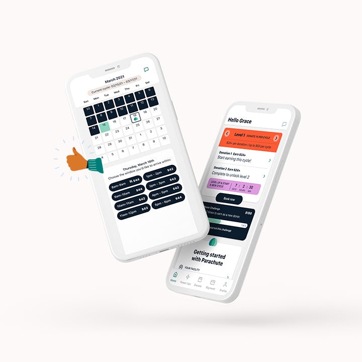 Screenshot of Parachute app calendar screen showing available appointments and a screenshot of Parachute app Home Screen.
