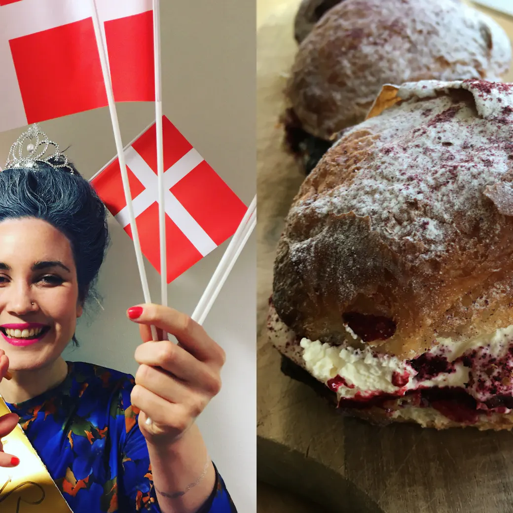 Costumes and Danish pastries symbolizing Fastelavn celebrations