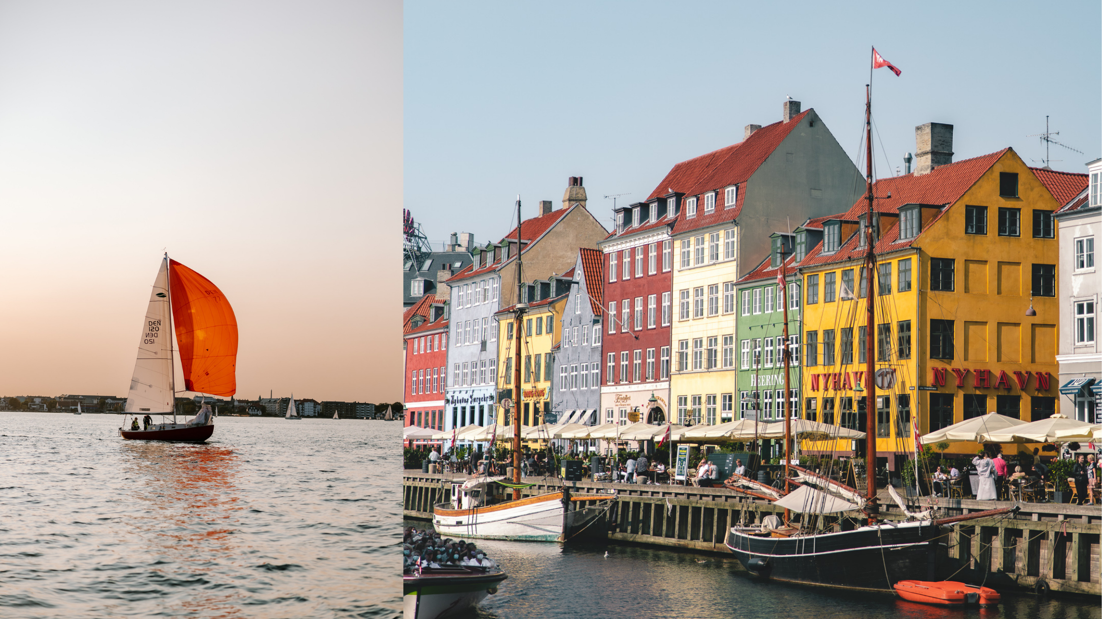 Iconic colorful buildings at Nyhavn and a sailing boat sailing on calm water