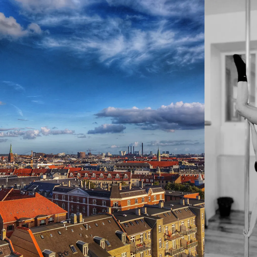 Sonia practicing pole dancing and a view over Copenhagen