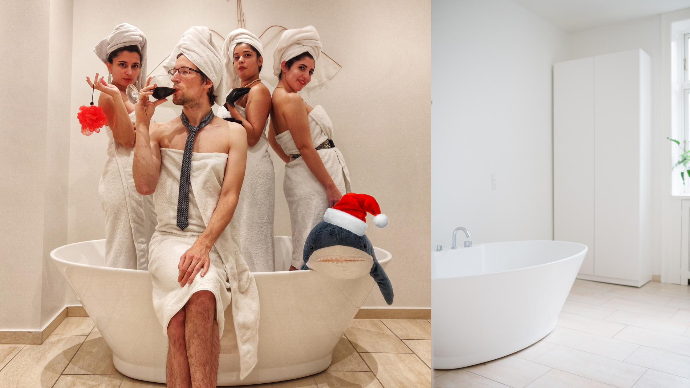 LifeX member Sonia and her housemates posing in bathing robes during a theme party