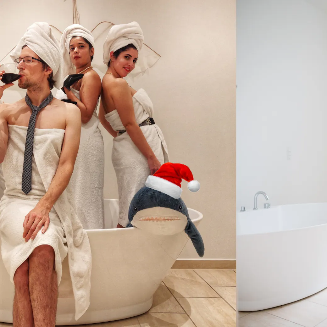 LifeX member Sonia and her housemates posing in bathing robes during a theme party