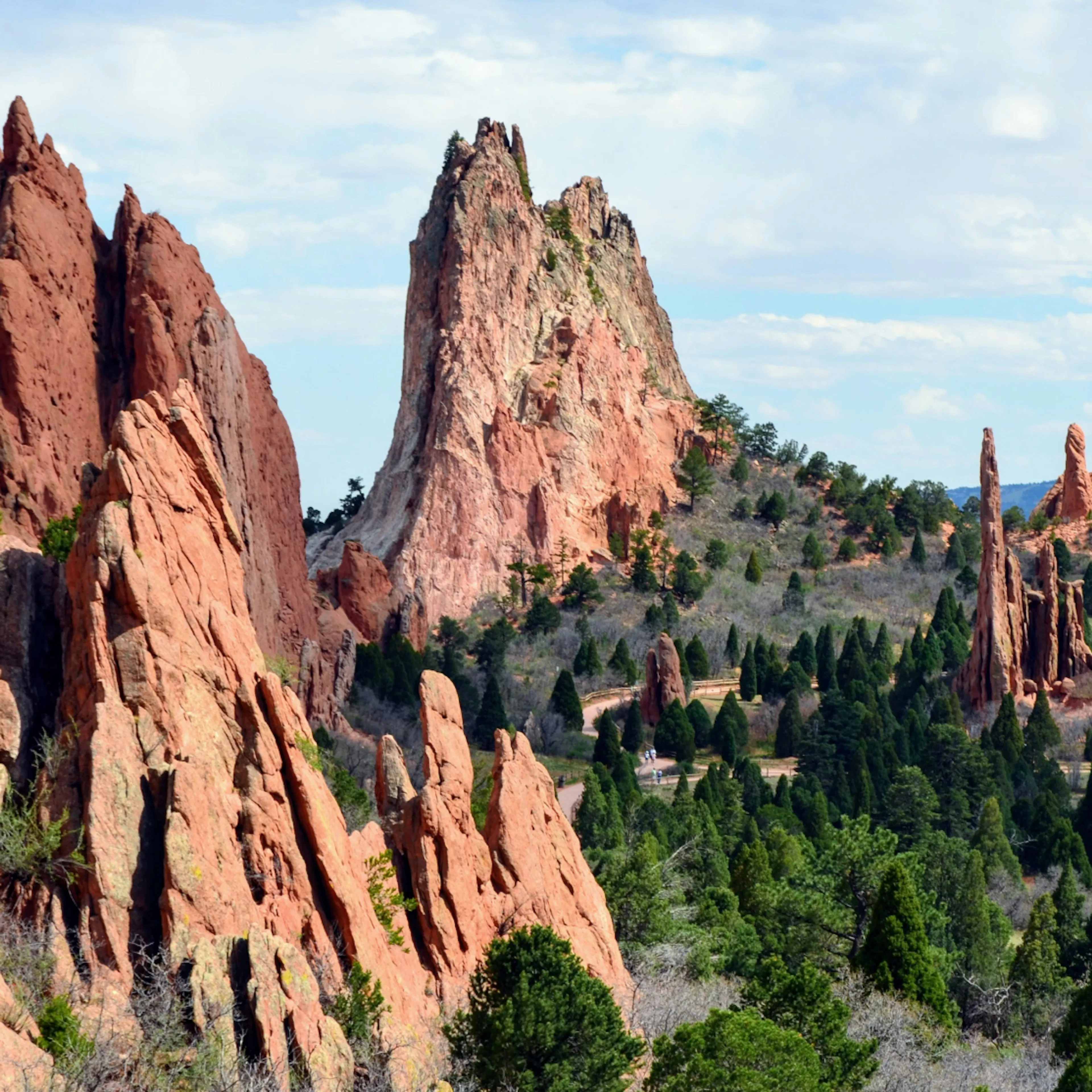 Garden Of The Gods in Colorado Springs, CO. This image shows the towering red sandstone formations.