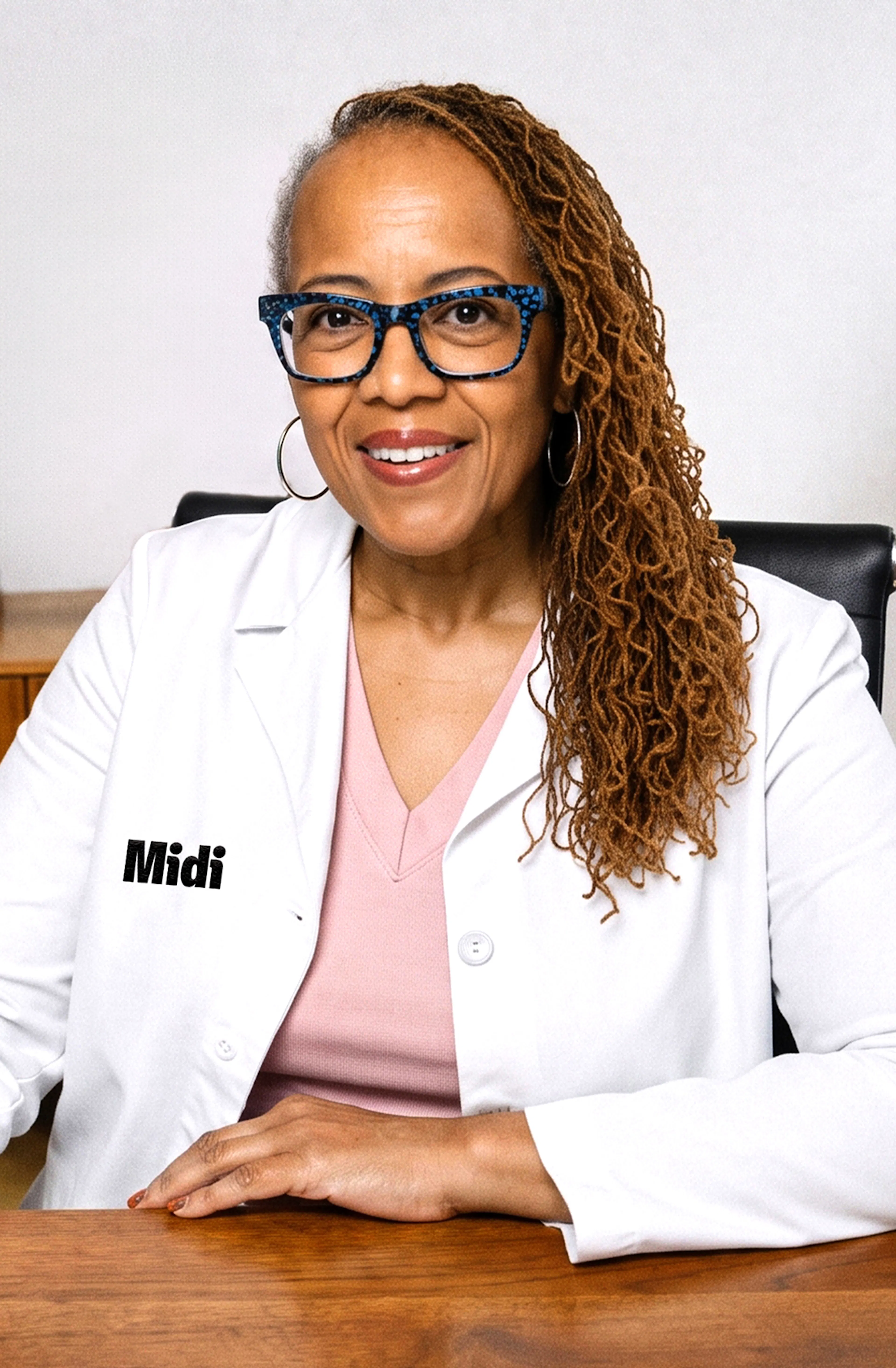 clinician, midi lab coat, facing camera, glasses, pink v neck