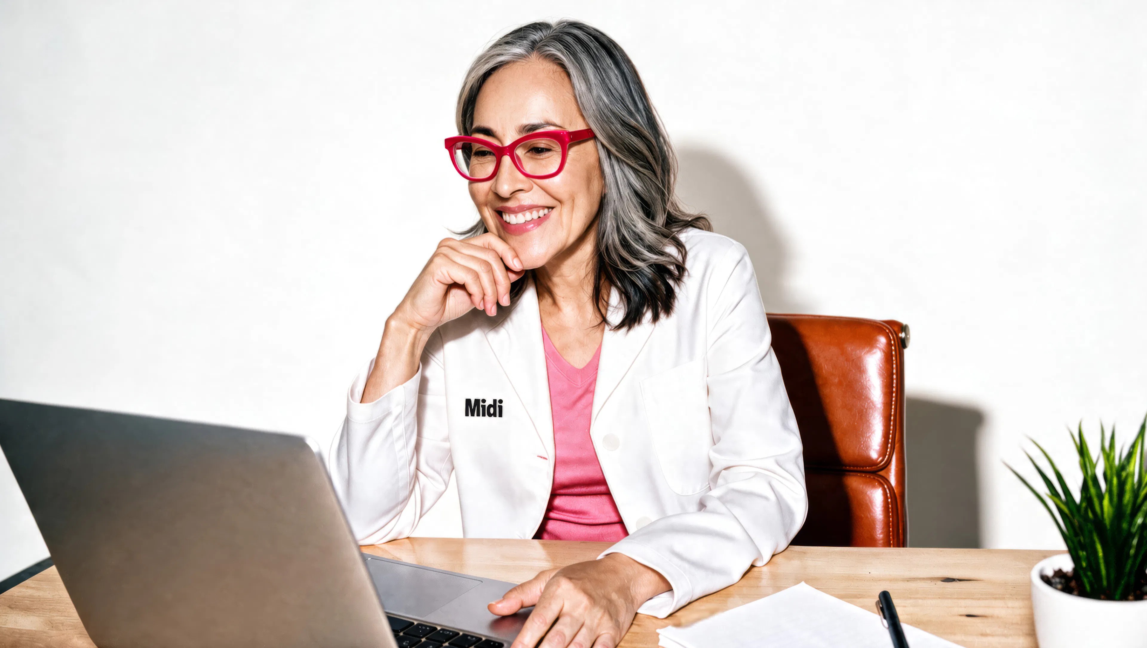 Doctor smiling at her laptop screen