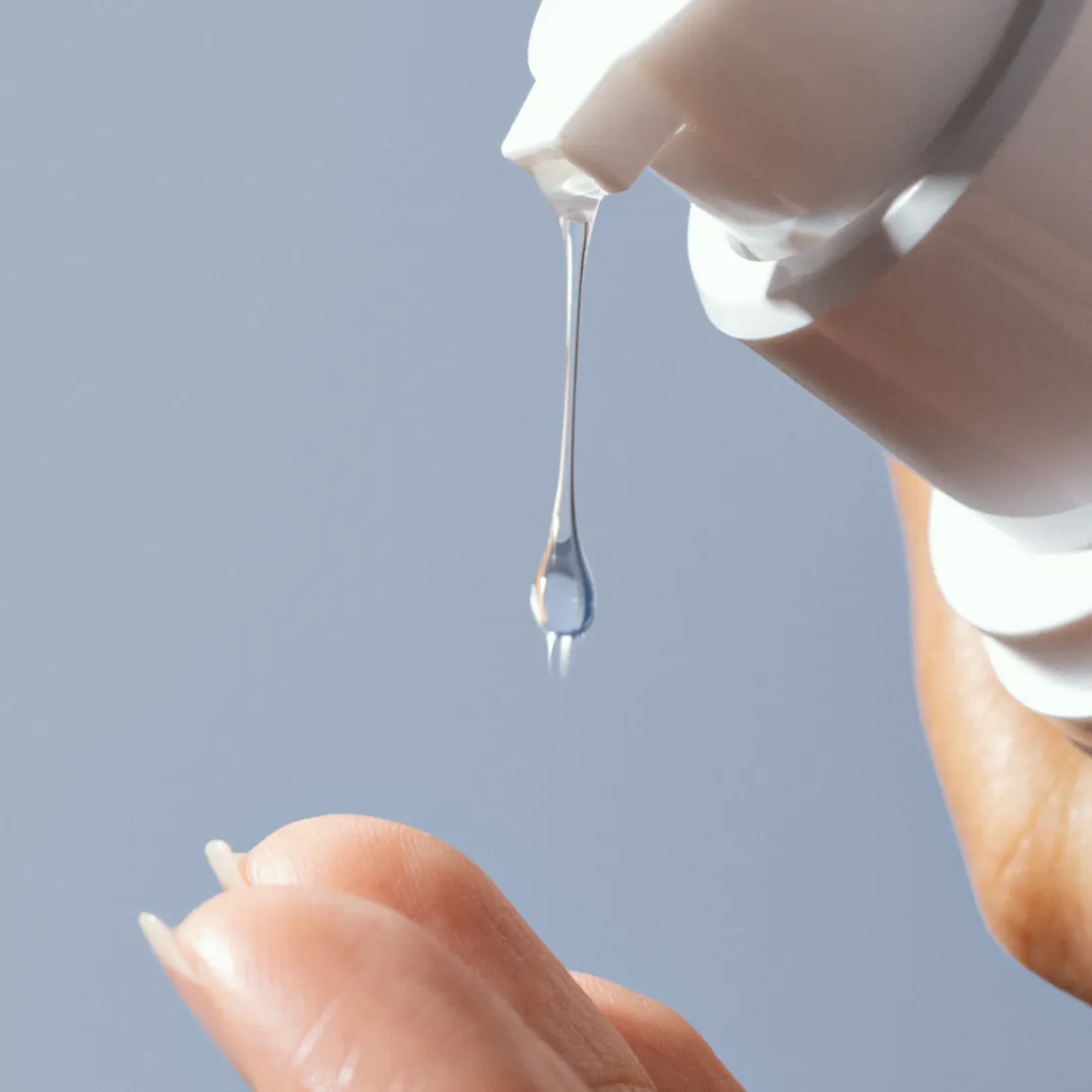 A close-up photo of a clear liquid being applied to a hand.