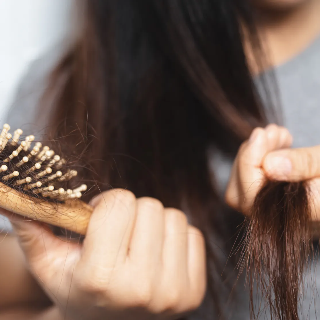 A close-up image of a woman brushing her hair, with a lot of hair strands on her hair brush.
