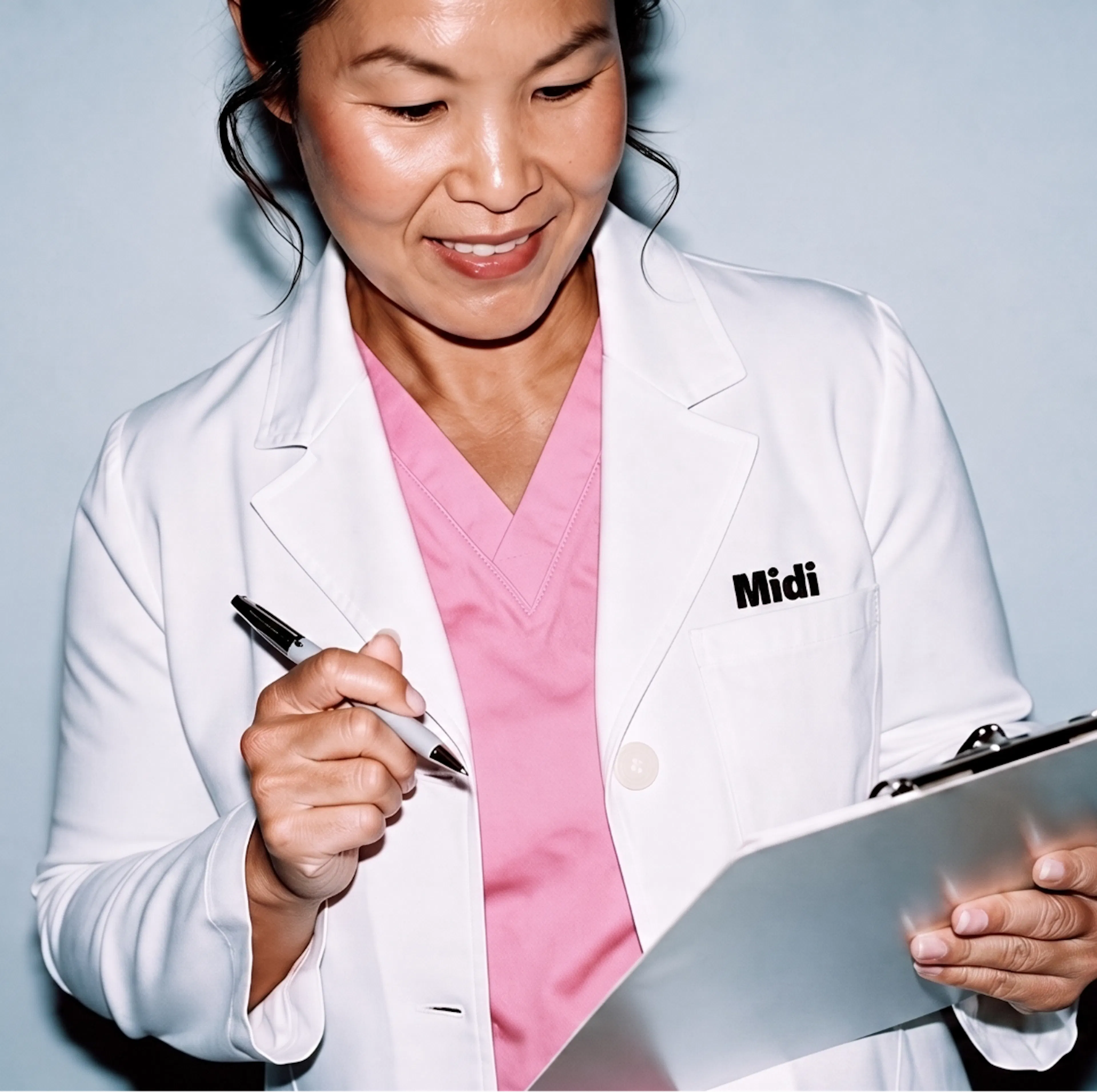 A photo of a Midi clinician in a white coat and pink scrubs.