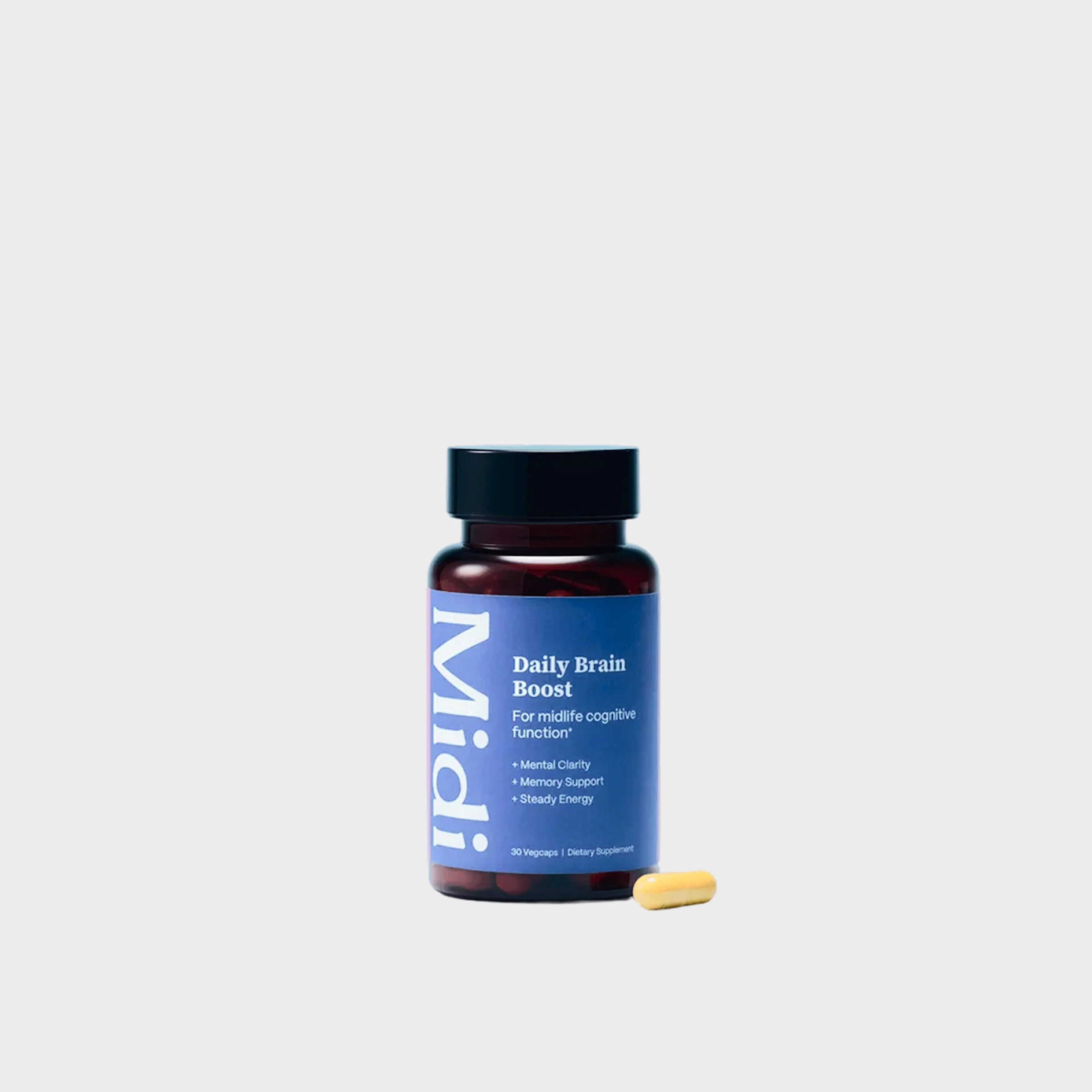 A bottle of daily brain boost capsules. 