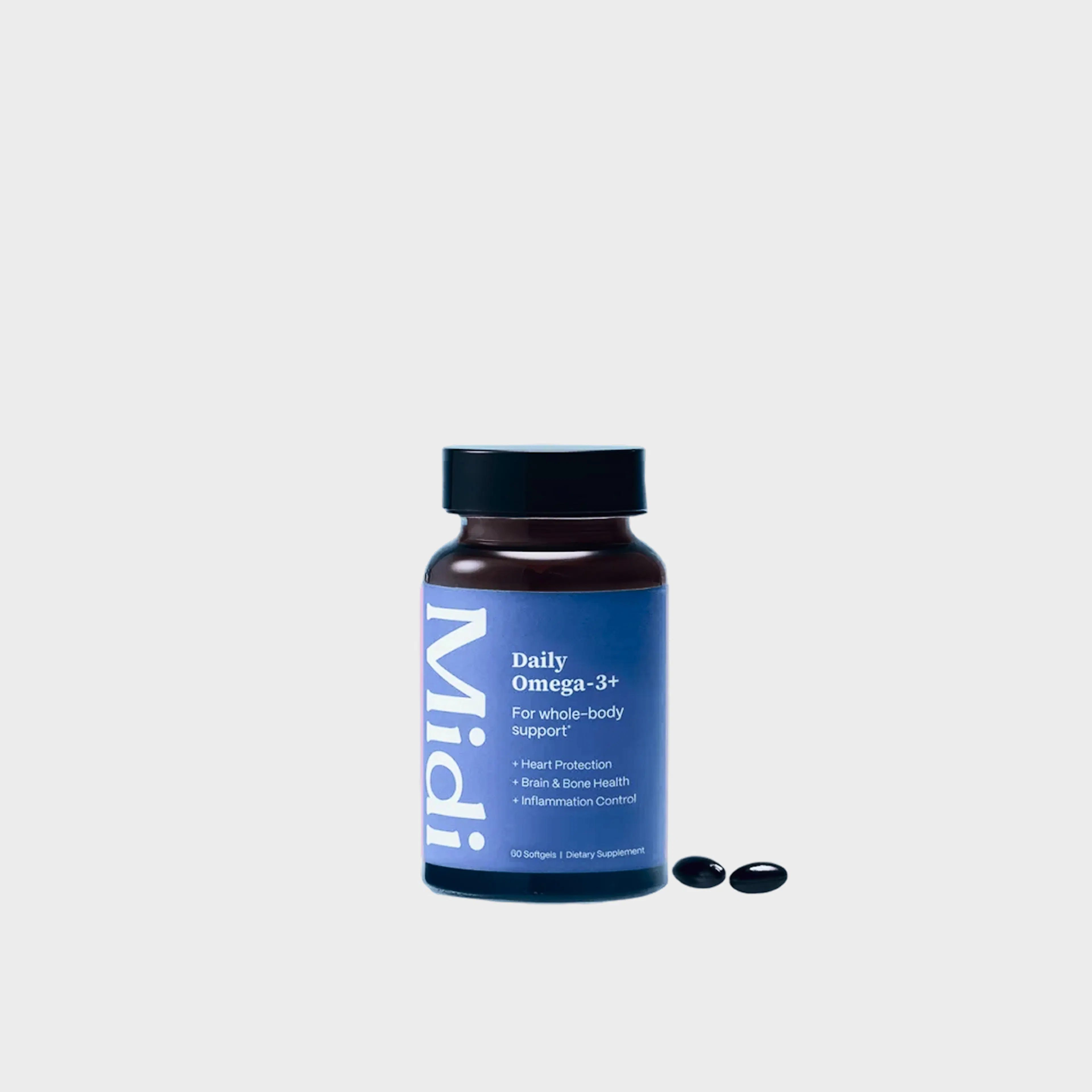Omega-3 supplement bottle with black soft gels