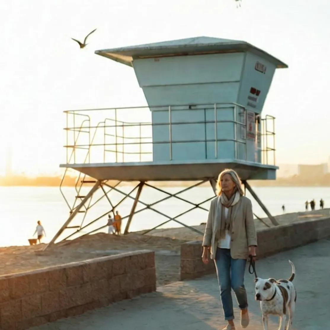 A woman walking her dog near a lifeguard tower in Long Beach, CA in golden hour.