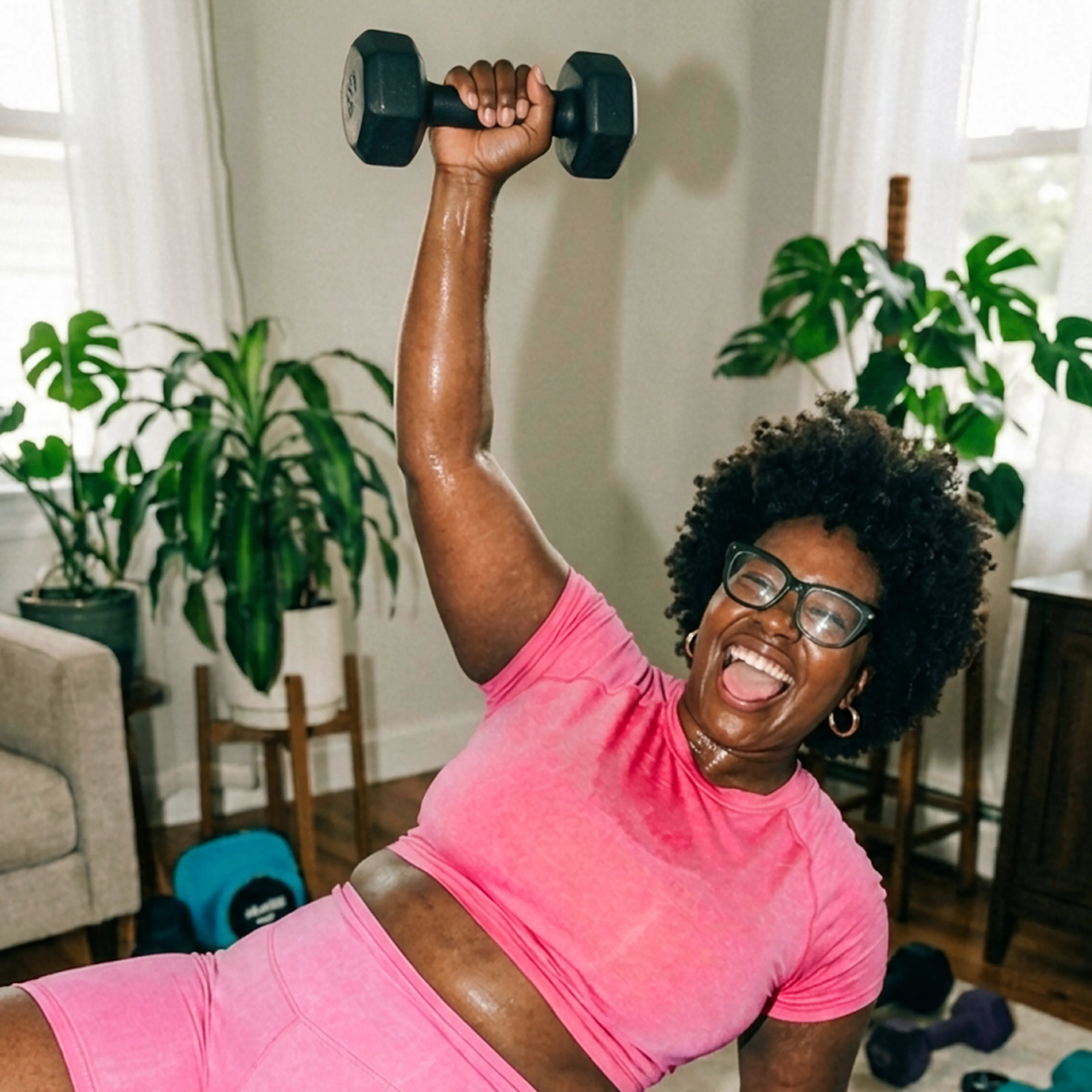 A woman in perimenopause joyfully strength training with dumbbells in her living room.