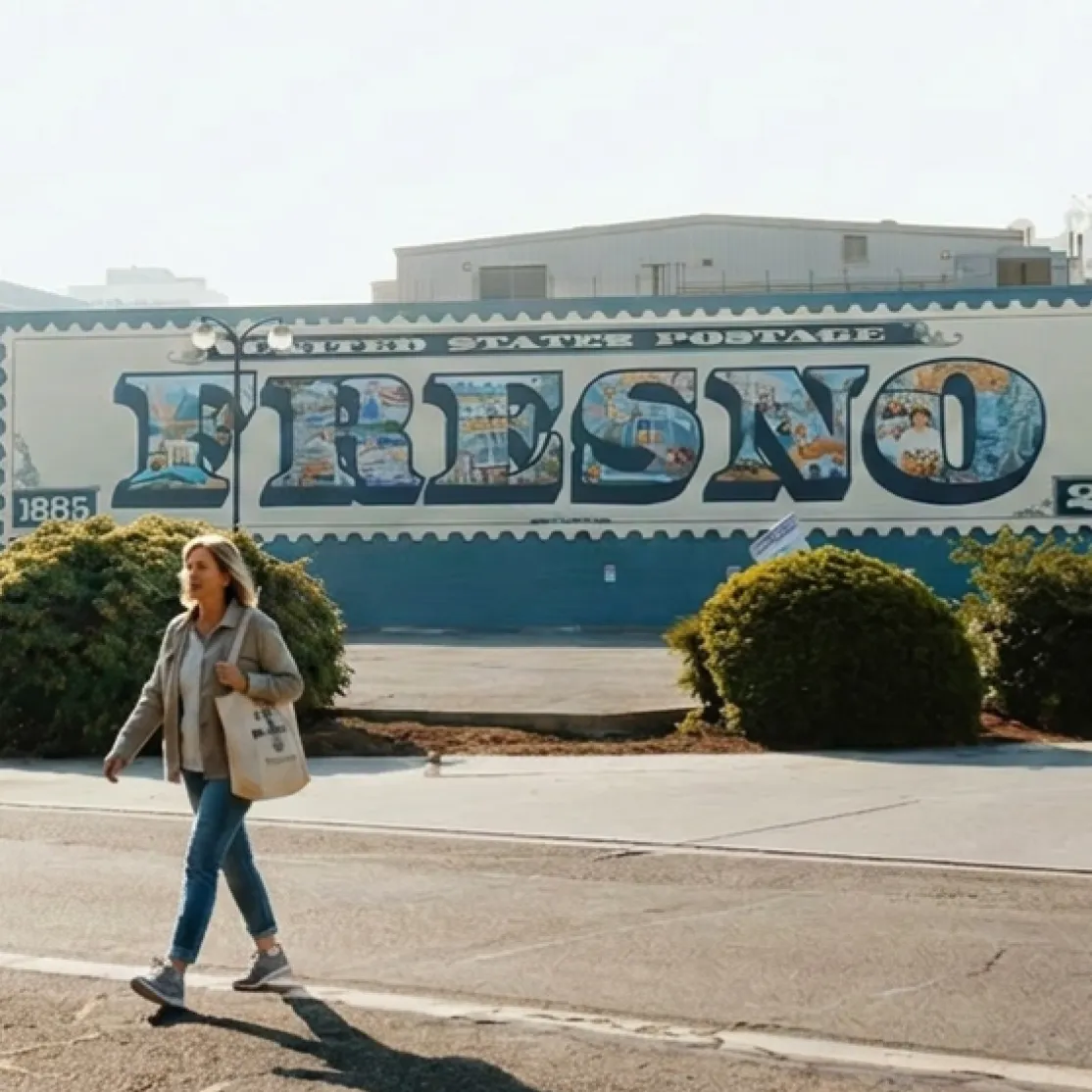 A woman in menopause walking in front of a Fresno mural in Fresno, CA.