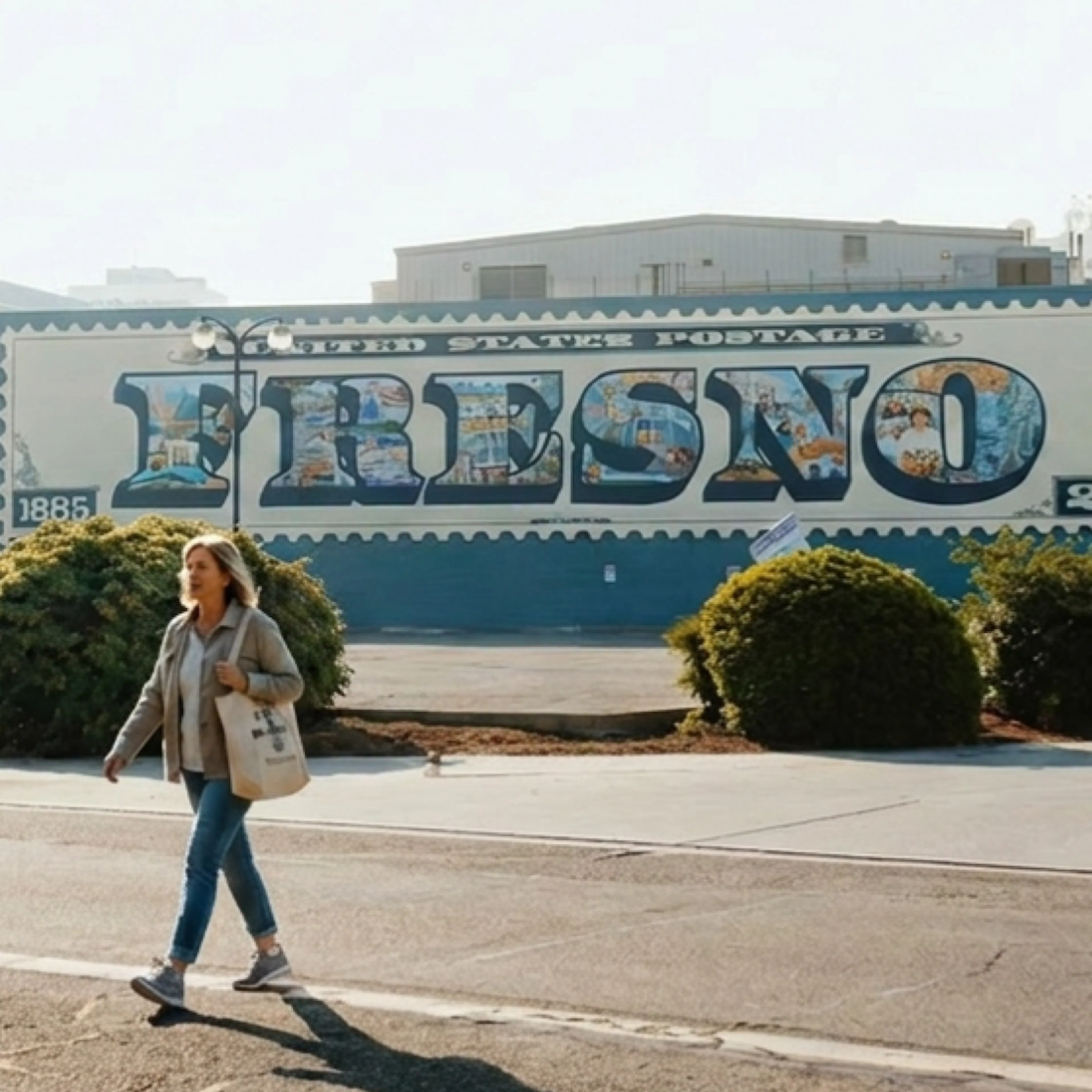 A woman in menopause walking in front of a Fresno mural in Fresno, CA.