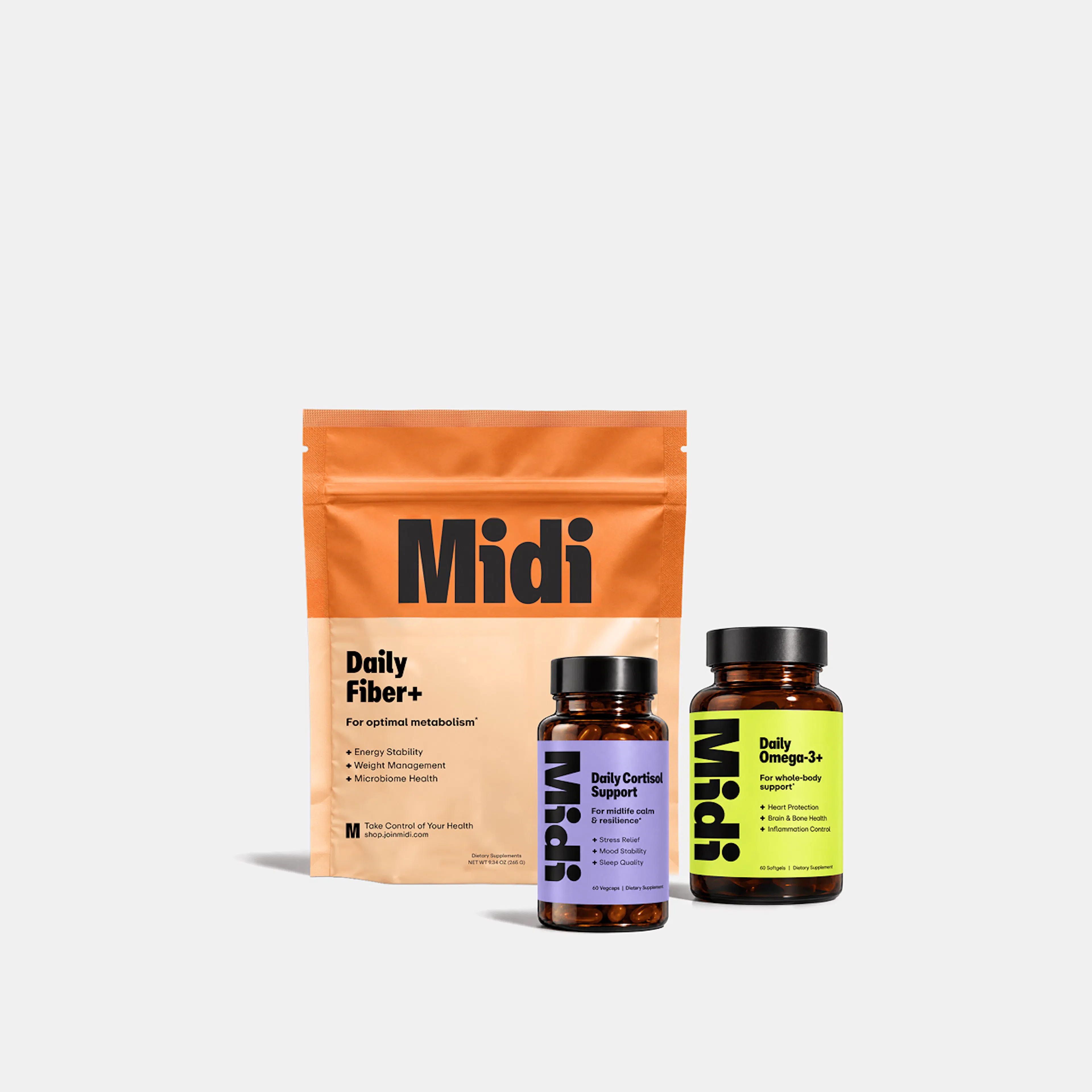 daily fiber+, daily cortisol support, daily omega 3+
