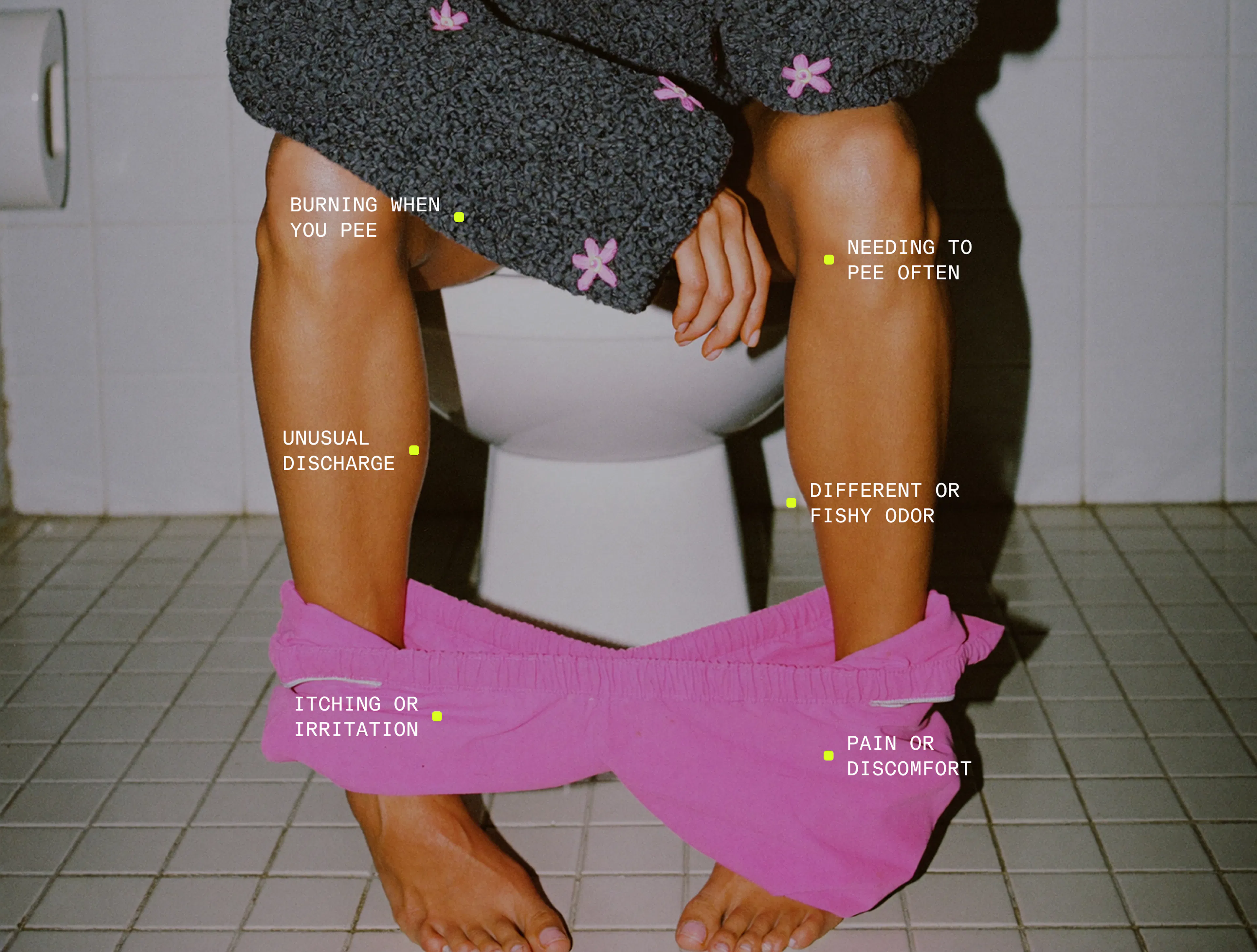irregular period, toilet, pink shorts, sad, star sweater