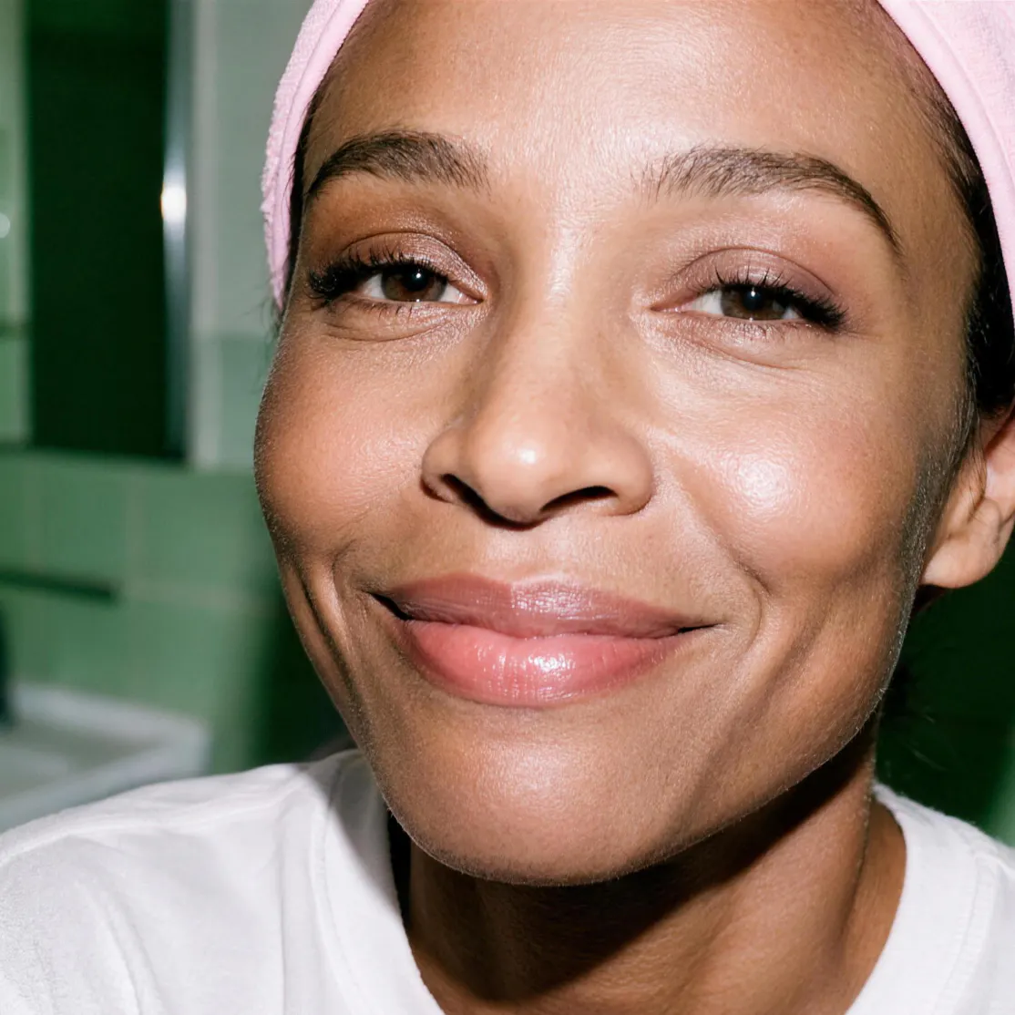 A close-up of a woman smiling. Her skin is glowing.