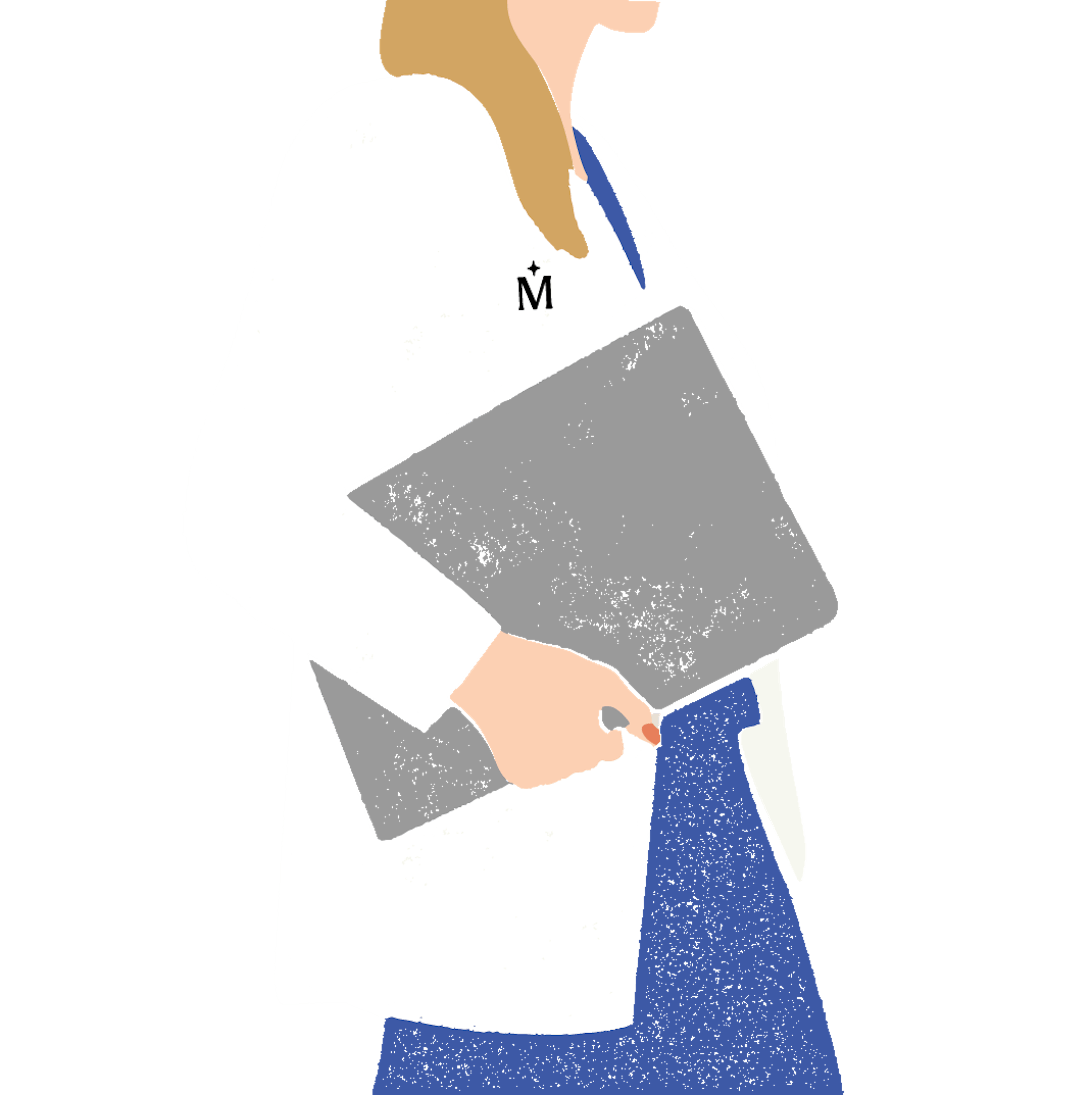 Illustration of Midi clinician standing side-on, holding laptop  