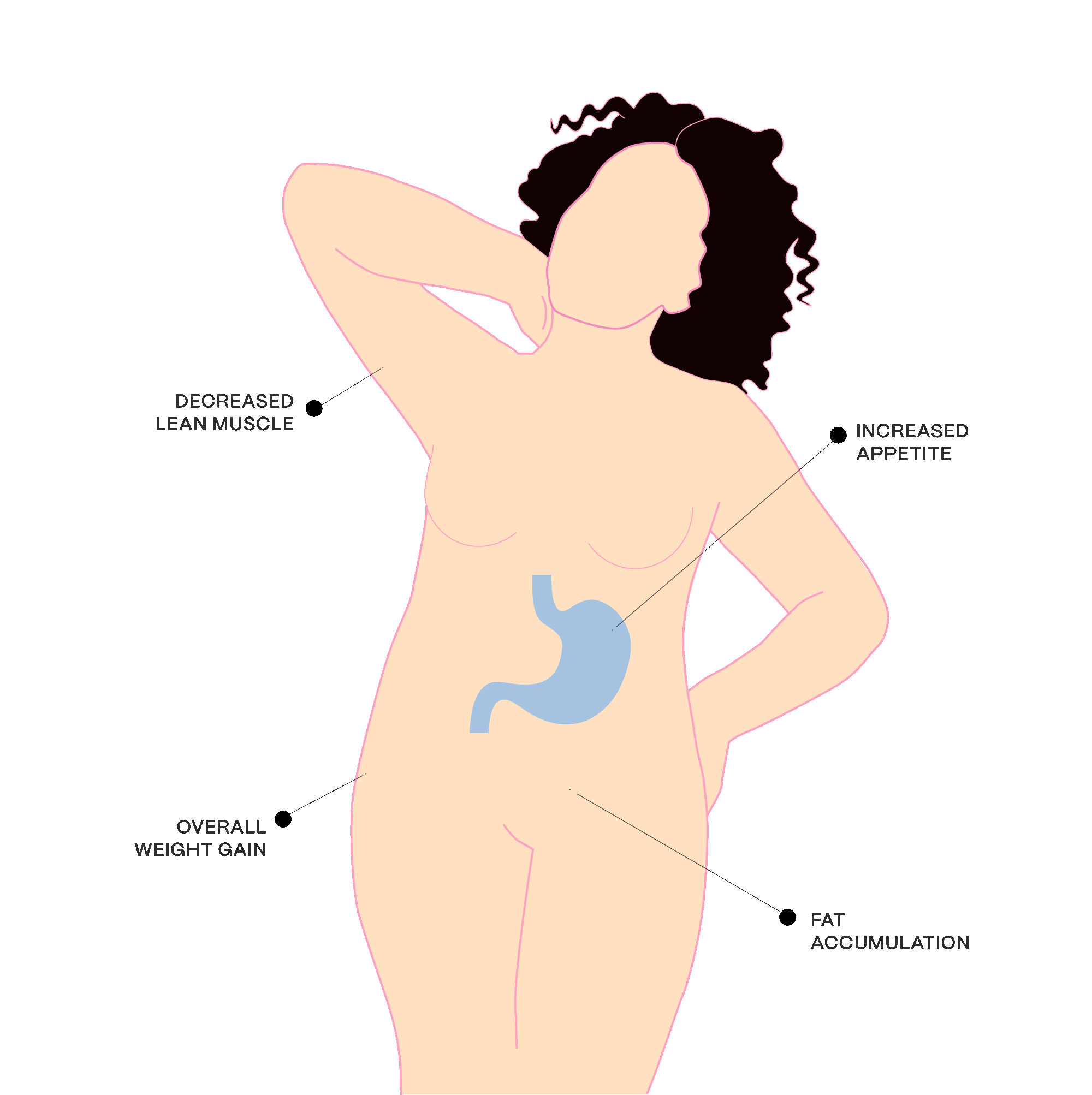 Diagrammatic illustration of female body with the following captions: decreased lean muscle; increased appetite; fat accumulation; overall weight gain