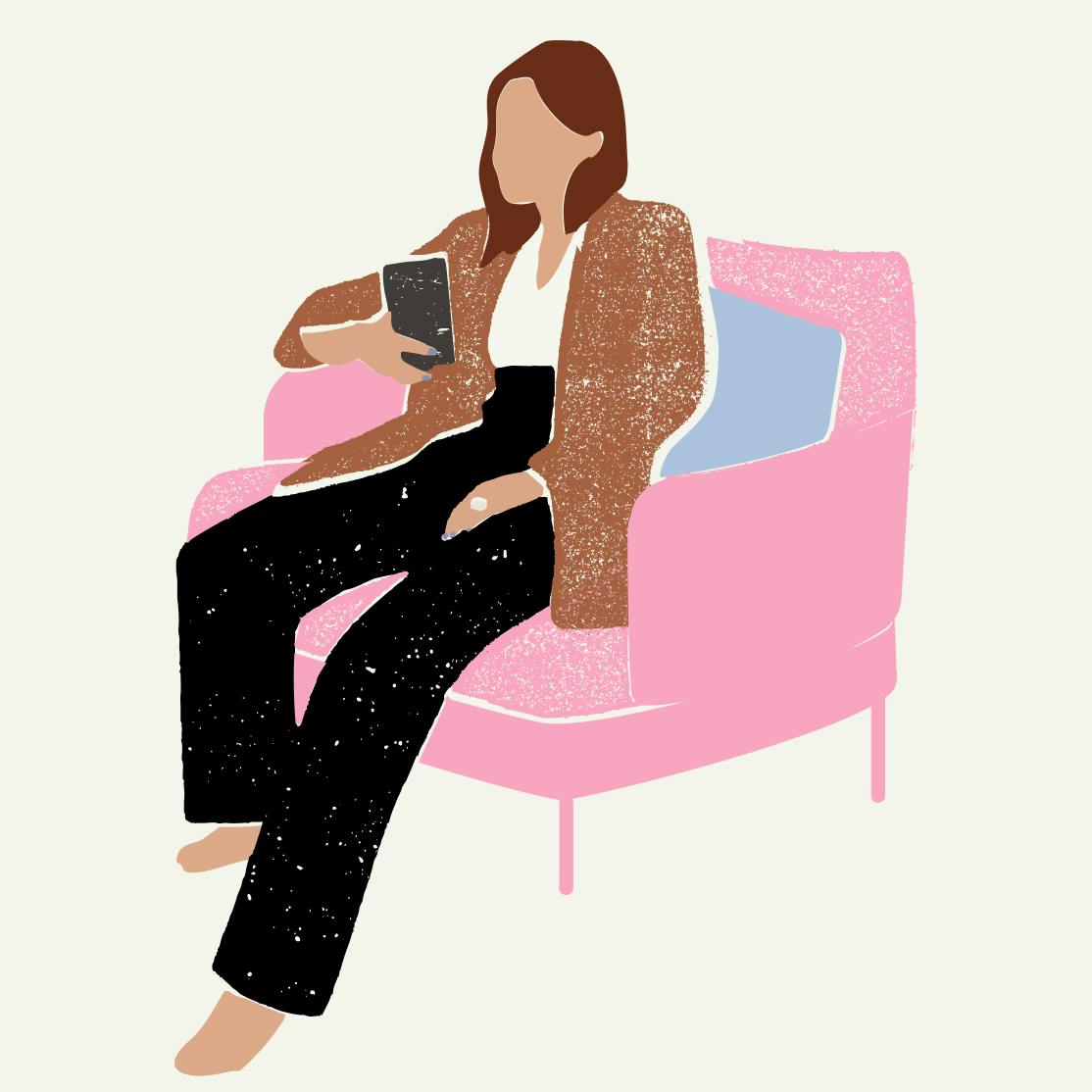 Illustration of woman sitting on a chair holding her phone