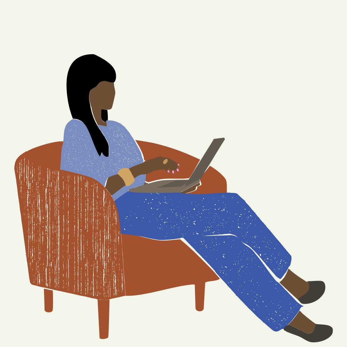 Illustration of woman sitting on chair with laptop