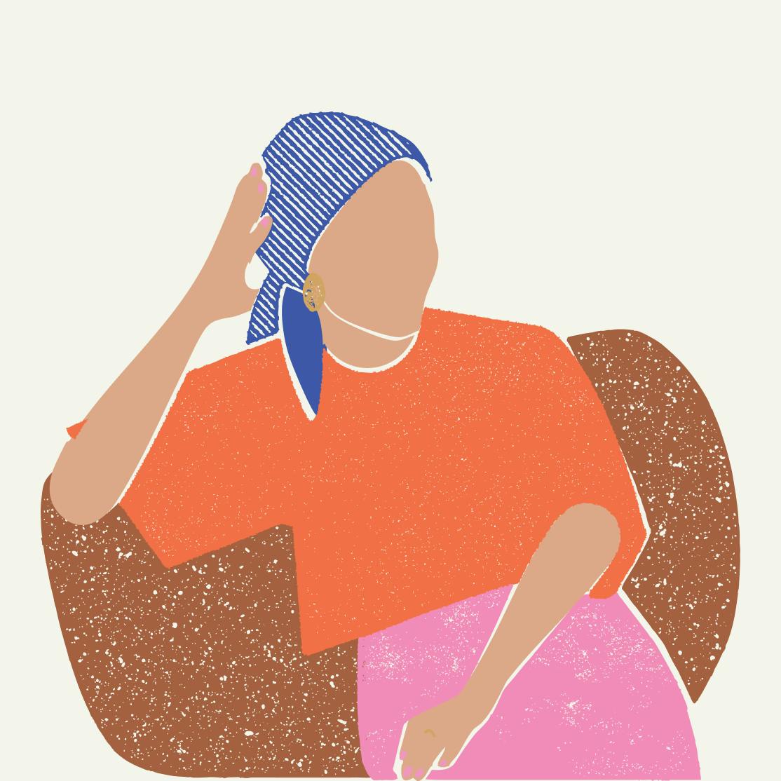 Illustration of woman sitting on a chair wearing a headscarf