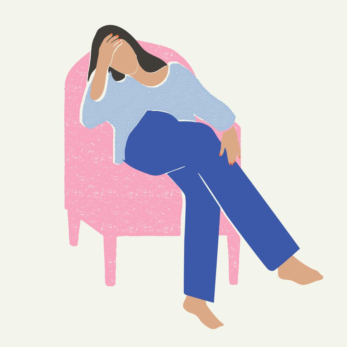 Illustration of woman sitting on chair with her hand on her forehead