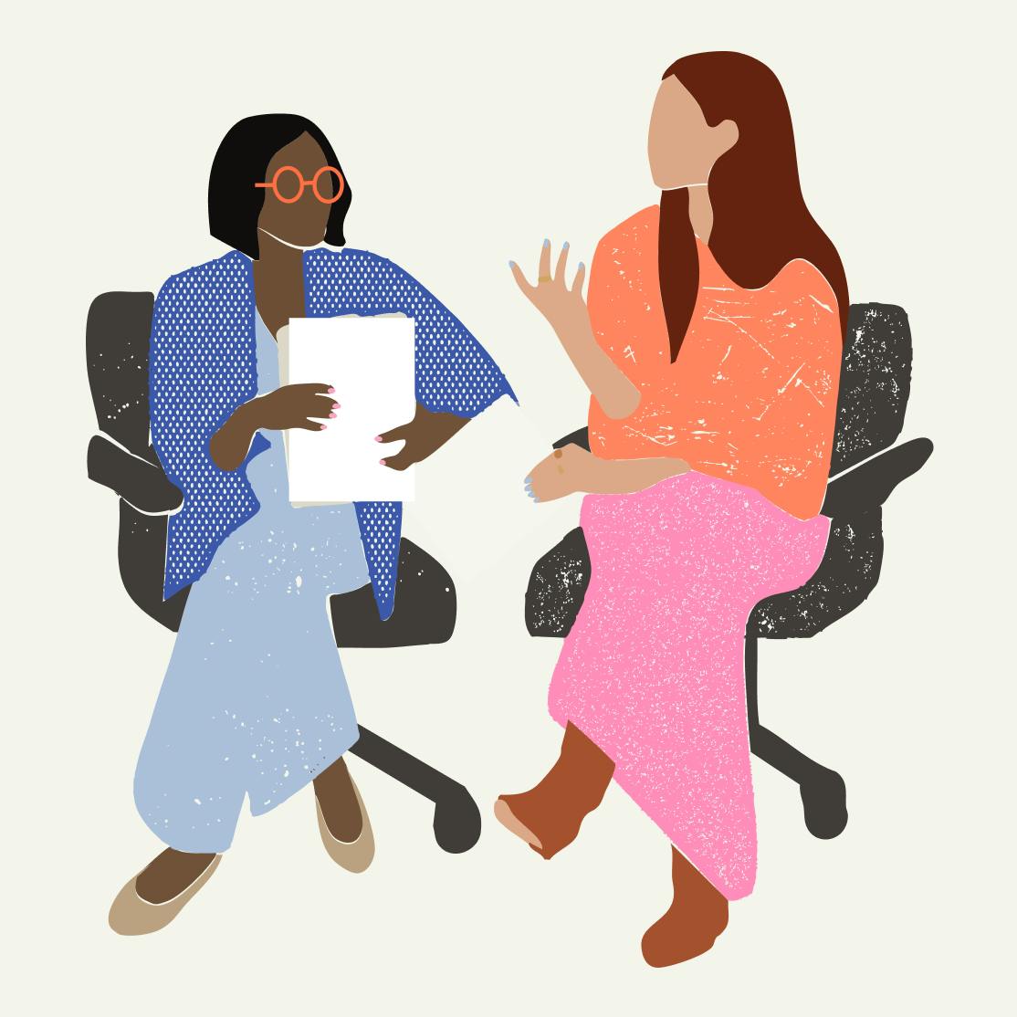 Illustration of two women chatting on office chairs