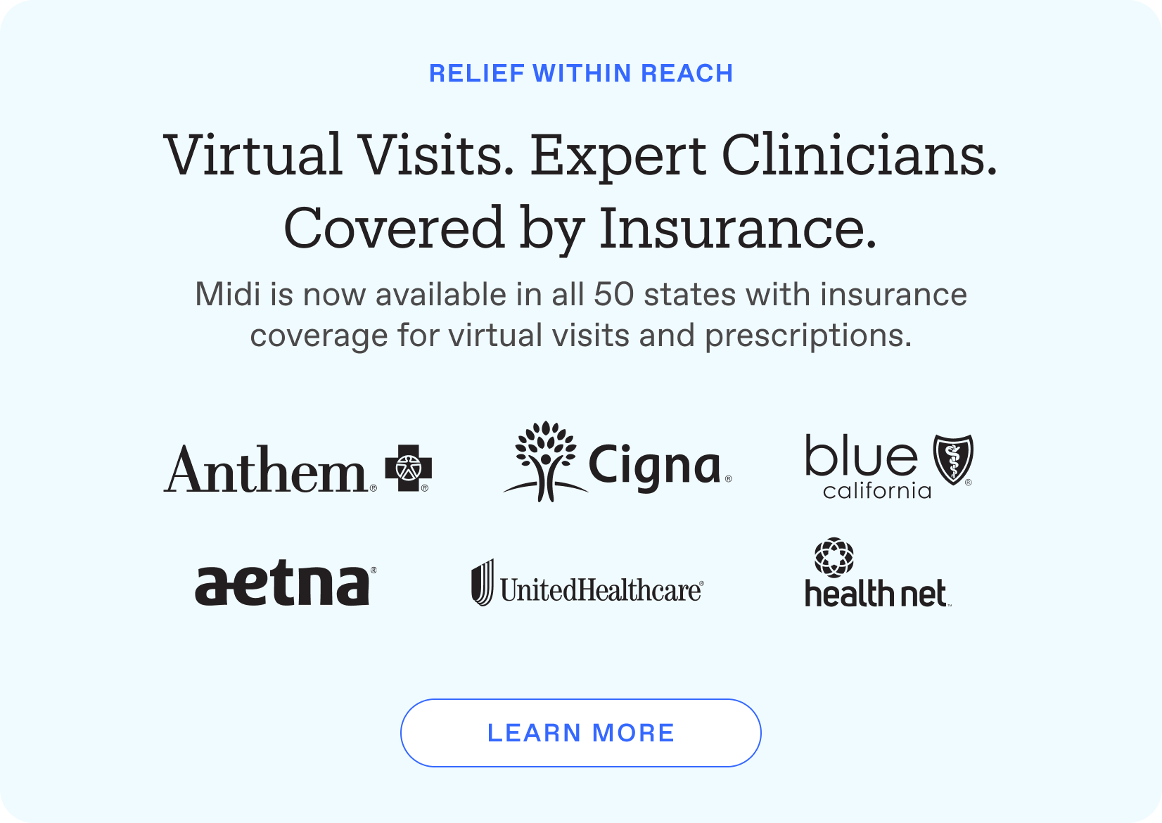 Image of Anthem, Cigna, BCBS, Aetna, UnitedHealthcare, and Health Net logos with headline "Virtual Visits, Expert Clinicians, covered by insurance"