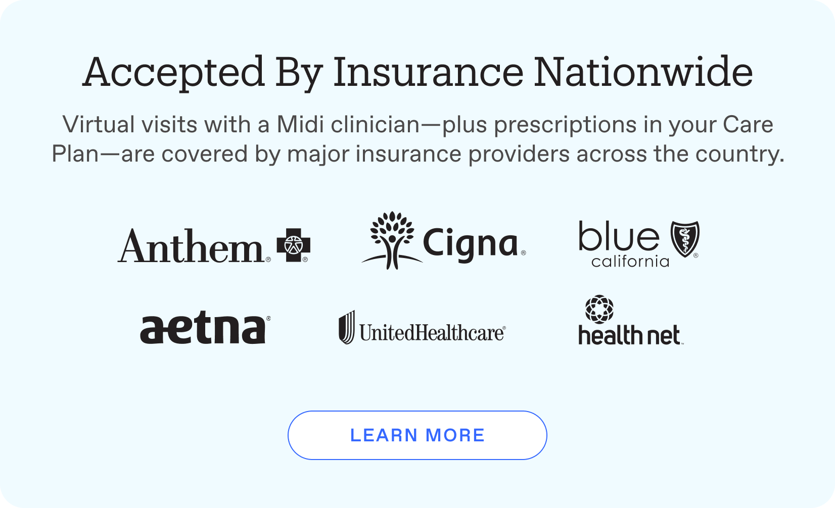 Image of Anthem, Cigna, BCBS, Aetna, UnitedHealthcare, and Health Net logos with headline "Accepted by Insurance Nationwide"