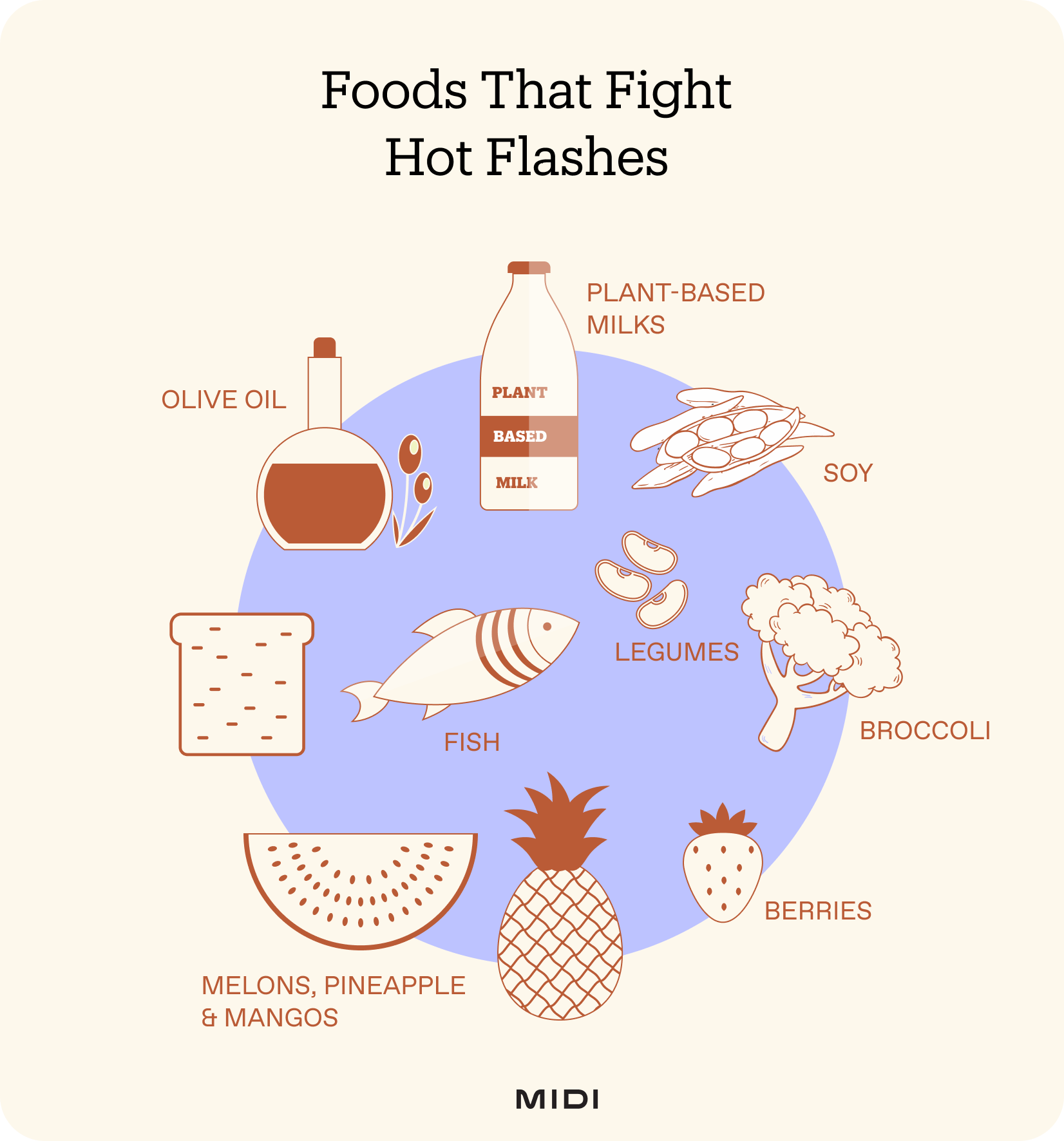 graphic that shows icons for the foods that can help with hot flashes