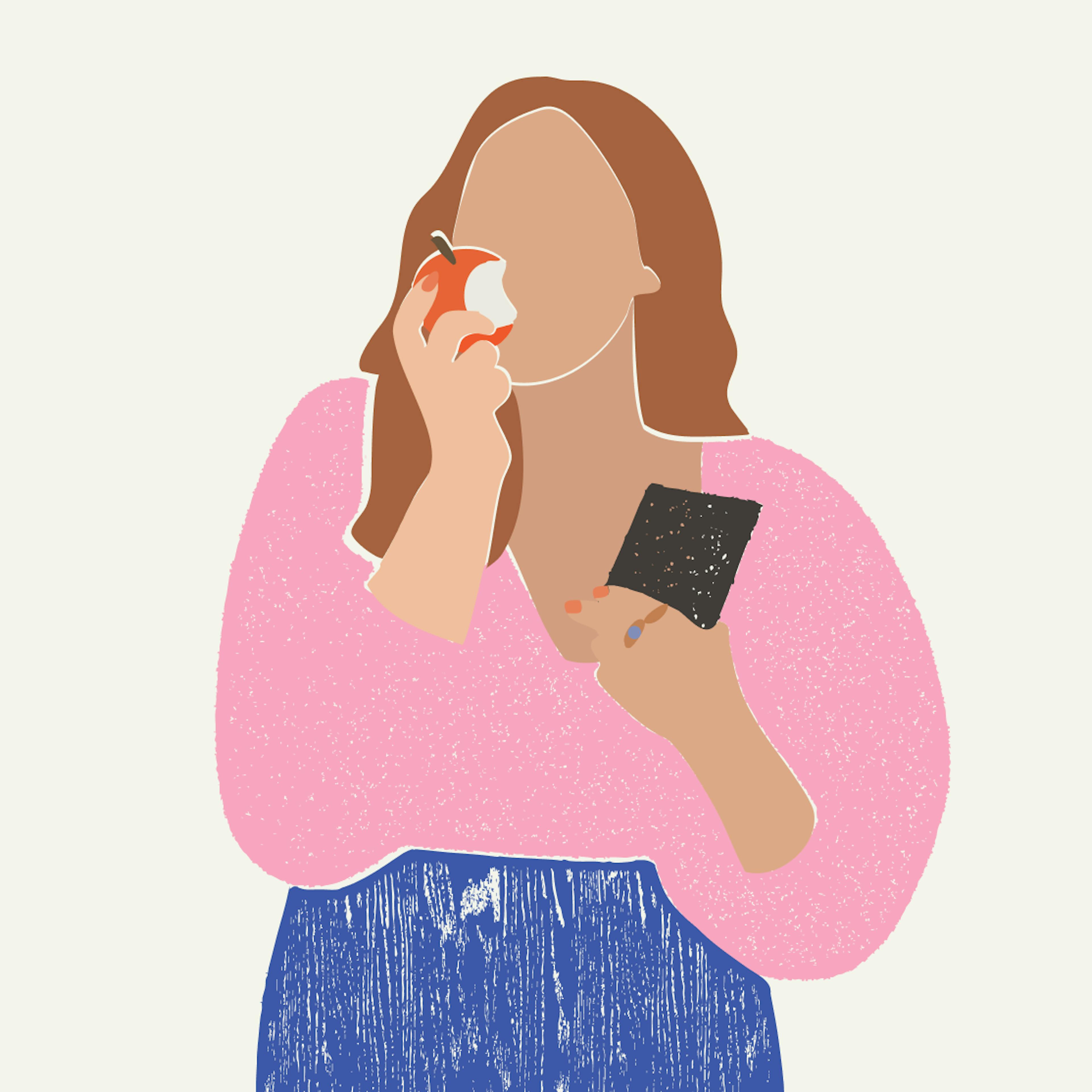 illustration of a woman eating an apple while looking at her phone
