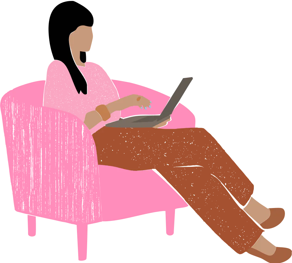 An illustration of a woman on a laptop researching foods for vaginal health.
